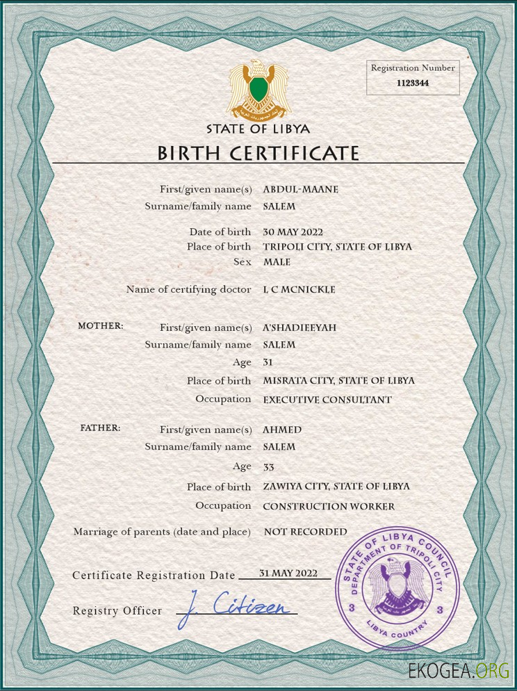 Modèle PSD de certificat de naissance en Libye